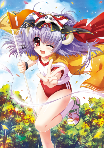 ;d armband astaroth_(kidatsu!_dungeons_lord) bad_id bad_pixiv_id bangs blush bow braid buruma confetti cross-laced_footwear day demon_girl double_vertical_stripe fantasy finish_line flag flat_chest floating_hair foreshortening frills gem gym_uniform hair_bow hair_ornament hair_ribbon happy higa_yukari holding horn_bow horn_ribbon horns jacket jacket_on_shoulders kidatsu!_dungeons_lord lace leaning_forward leg_lift long_hair looking_at_viewer number numbered_flag one_eye_closed open_clothes open_jacket open_mouth outdoors outstretched_arm purple_hair red_eyes ribbon school_uniform shirt shoes short_sleeves side_braid skull smile sneakers socks solo standing standing_on_one_leg track_jacket tree tress_ribbon v victory_pose wristband