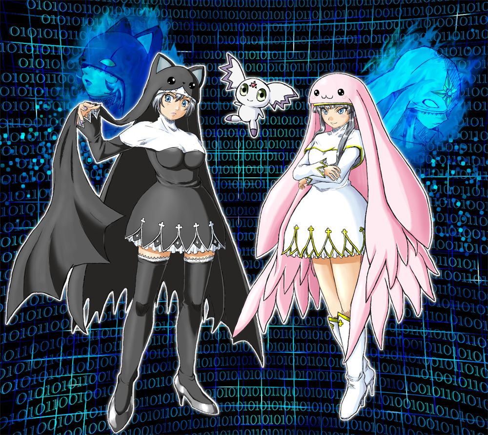 2girls culumon digimon dual_persona female multiple_girls nun shoes silver_hair sistermon_blanc sistermon_blanc_(awaken) sistermon_noir sistermon_noir_(awaken)