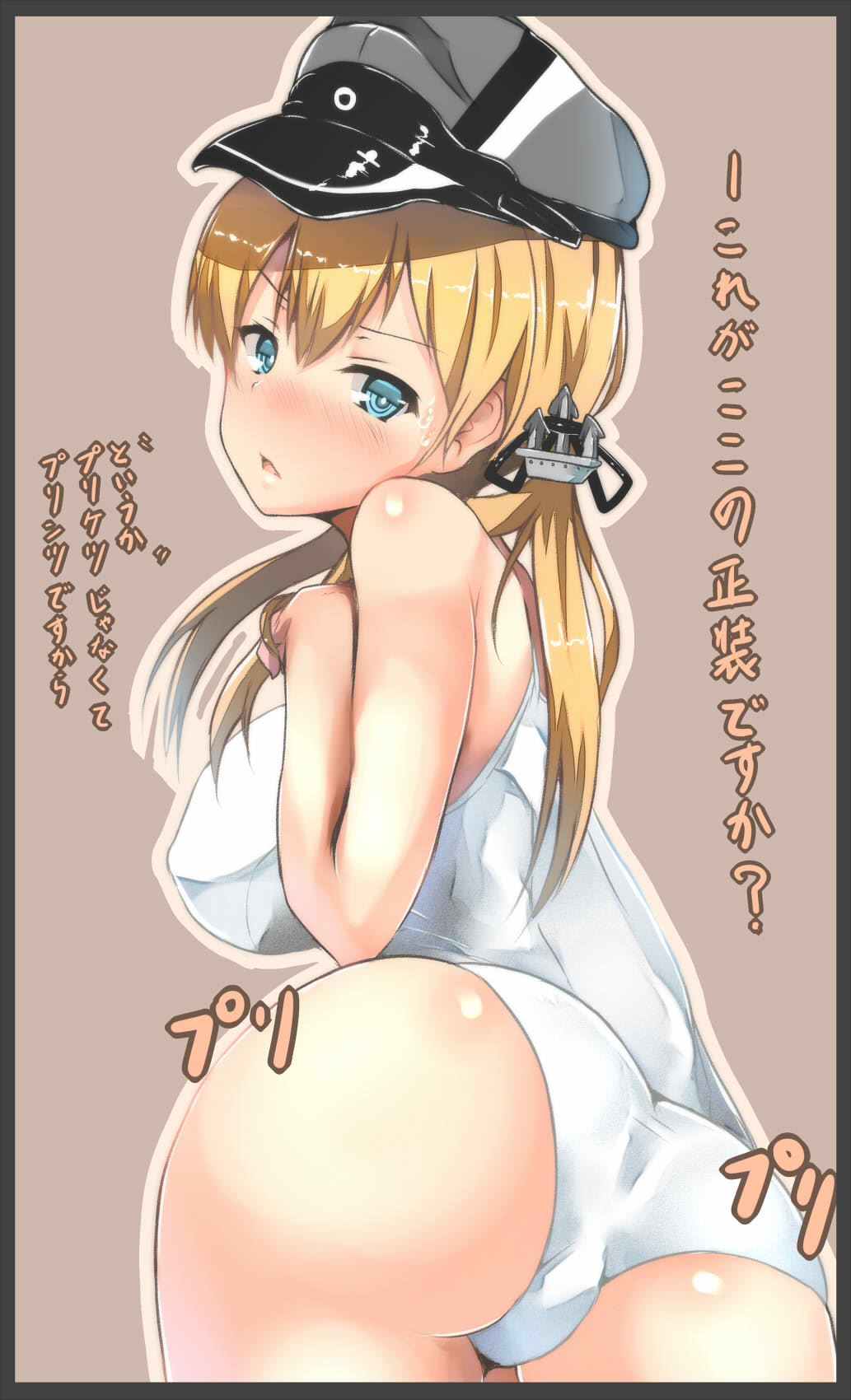 anchor_hair_ornament ass atsutoku blonde_hair blue_eyes blush body_blush border breasts covered_nipples from_behind hair_ornament hand_in_hair hat highres kantai_collection large_breasts long_hair looking_back one-piece_swimsuit open_mouth outline peaked_cap prinz_eugen_(kantai_collection) solo sweat swimsuit translation_request twintails white_swimsuit