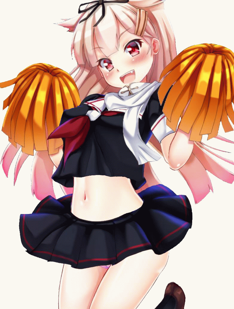animated animated_gif blonde_hair blush bouncing_breasts breasts cheerleader crop_top crop_top_overhang fang hair_flaps hair_ornament hair_ribbon hairclip jumping kantai_collection long_hair looking_at_viewer medium_breasts midriff miniskirt navel neckerchief open_mouth panties pantyshot pleated_skirt pom_poms red_eyes red_neckwear remodel_(kantai_collection) ribbon scarf school_uniform serafuku short_sleeves skirt skirt_set solo striped striped_panties underwear white_background white_scarf yashkujira yuudachi_(kantai_collection)