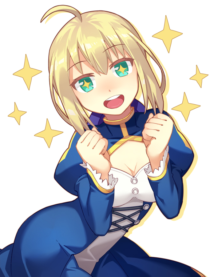 1girl :d ahoge aqua_eyes artoria_pendragon_(all) blonde_hair clenched_hands dress fate/stay_night fate_(series) kibanda_gohan looking_at_viewer open_mouth round_teeth saber short_hair simple_background smile solo sparkle sparkling_eyes teeth white_background