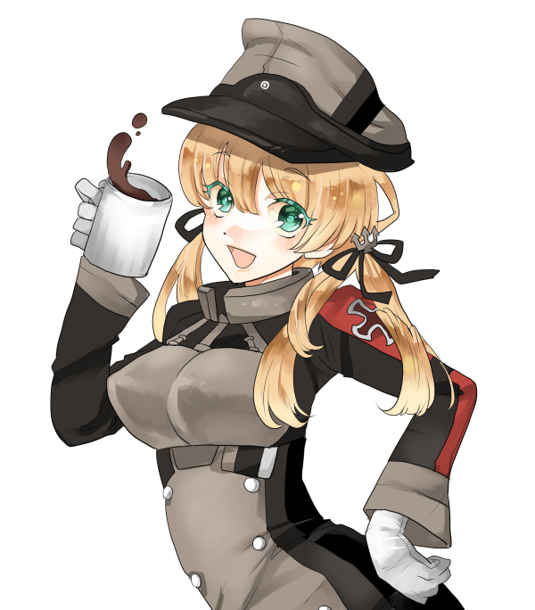 :d anchor_hair_ornament aqua_eyes arched_back bad_id bad_pixiv_id black_ribbon blonde_hair coffee colored_eyelashes cup drink gloves hair_ornament hair_ribbon hand_on_hip hat holding iron_cross kantai_collection long_hair long_sleeves military military_uniform mug open_mouth peaked_cap prinz_eugen_(kantai_collection) ribbon simple_background smile solo twintails uniform white_background white_gloves yuzumaki_(pon)