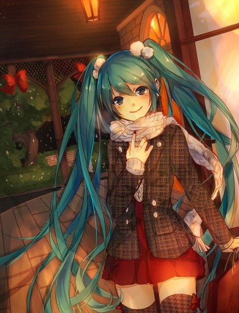 dutch_angle green_hair hand_on_own_chest hatsune_miku jewelry long_hair looking_at_viewer ring run_(sweettimehappy) scarf skirt smile solo thighhighs tree twintails very_long_hair vocaloid