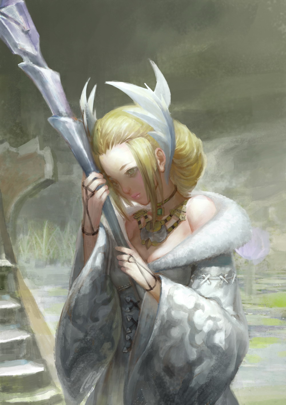 bare_shoulders blonde_hair blue_eyes bridal_gauntlets choker dress eddy_huang_zheng final_fantasy final_fantasy_xiv fur_collar hair_ornament highres jewelry kan-e-senna necklace off-shoulder_dress off_shoulder solo staff wide_sleeves