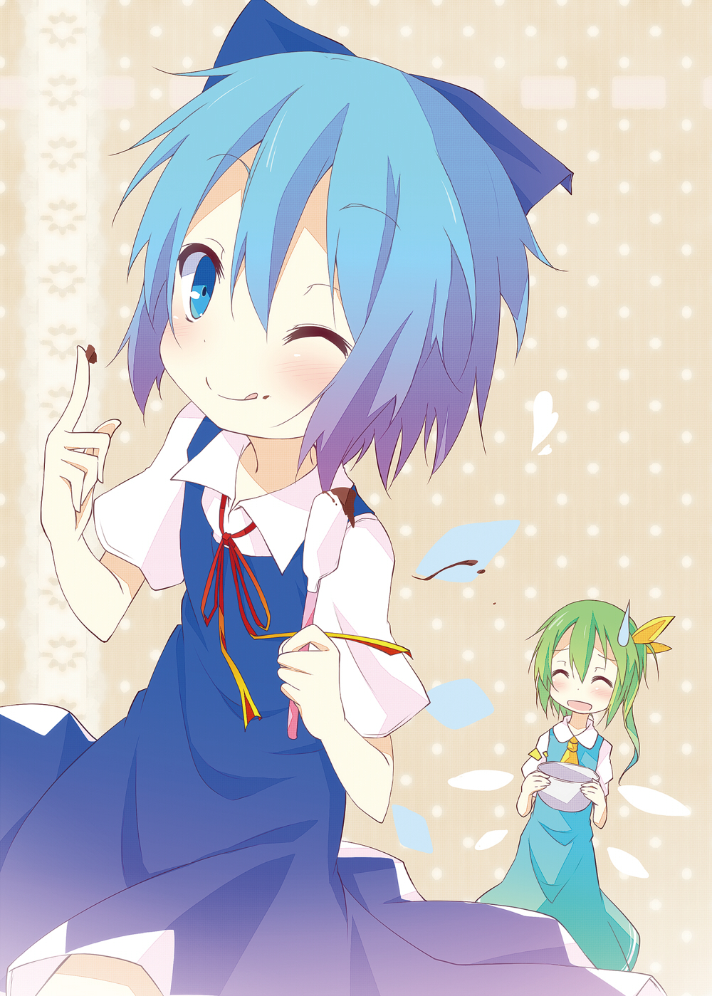 ;q blue_eyes blue_hair bow cirno daiyousei green_hair hair_bow highres hinata_ichi ice ice_wings licking multiple_girls one_eye_closed short_hair side_ponytail smile sweatdrop tongue tongue_out touhou wings