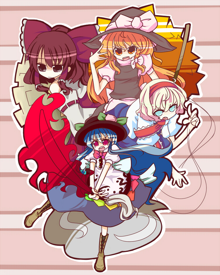 alice_margatroid bare_shoulders blonde_hair blue_eyes blue_hair braid brown_eyes brown_hair detached_sleeves fighting_stance hair_ribbon hairband hakurei_reimu hat hinanawi_tenshi kirisame_marisa long_hair monomi multiple_girls open_mouth orange_eyes pink_eyes ribbon short_hair string sword sword_of_hisou touhou weapon witch_hat