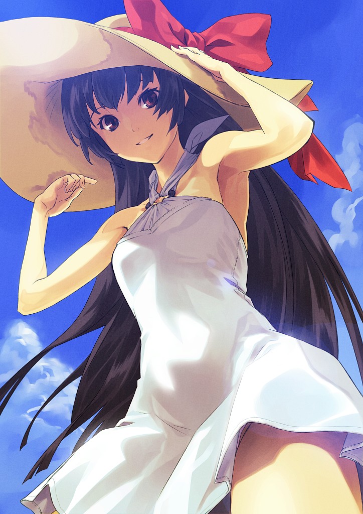 armpits black_hair brown_eyes day dress from_below halterneck hand_on_headwear hands hat long_hair looking_at_viewer looking_down original outdoors shimotsuki_eight smile solo sun_hat sundress white_dress