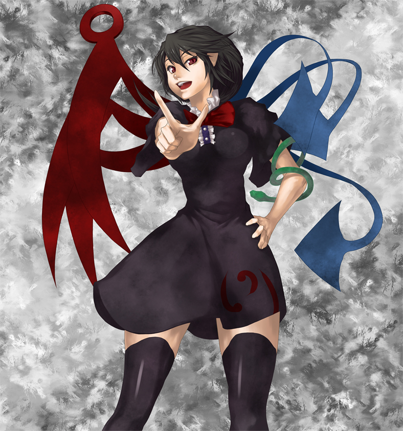 asymmetrical_wings black_hair black_legwear dress houjuu_nue muchakushoku red_eyes short_hair snake solo thighhighs touhou wings