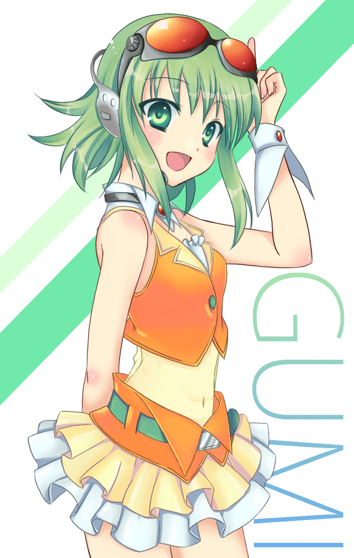 arms_behind_back bad_id bad_pixiv_id bare_shoulders goggles goggles_on_head green_eyes green_hair gumi navel open_mouth short_hair smile solo tobade_(tbdfactory) vocaloid