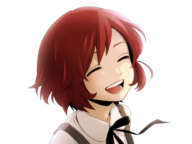 ^_^ bangs black_neckwear black_ribbon bob_cut child closed_eyes doutoku_no_jukai_(vocaloid) happy hima_(ab_gata) laughing meiko neck_ribbon open_mouth portrait red_hair ribbon short_hair simple_background solo suspenders swept_bangs upper_body vocaloid white_background younger