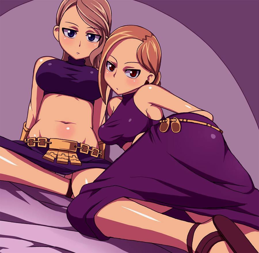 all_fours ass bare_shoulders belt blue_eyes blush breasts brown_eyes brown_hair buckle celia dutch_angle final_fantasy final_fantasy_tactics large_breasts lettie looking_at_viewer midriff multiple_girls nanakura_nanane navel short_hair skirt spread_legs stomach
