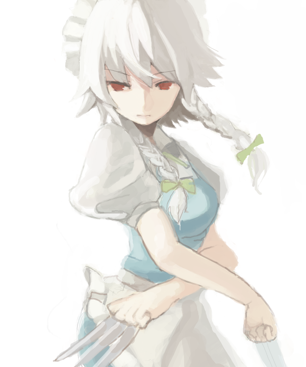 bad_id bad_pixiv_id between_fingers braid expressionless hairband izayoi_sakuya knife maid mamepon red_eyes short_hair solo touhou twin_braids white_hair x_arms