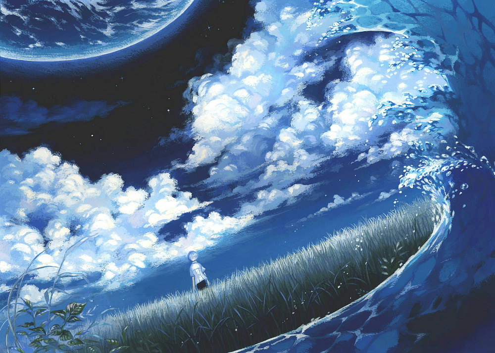 blue cloud dutch_angle from_behind grass night original planet shirt short_sleeves sky solo star star_(sky) starry_sky suijou_ai traditional_media water waves white_hair white_shirt