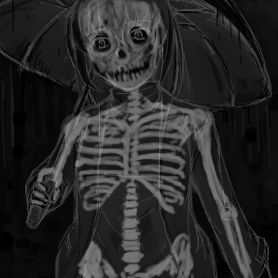 greyscale lowres monochrome older rozen_maiden skeleton solo suigintou too_literal tsuda_nanafushi umbrella what x-ray