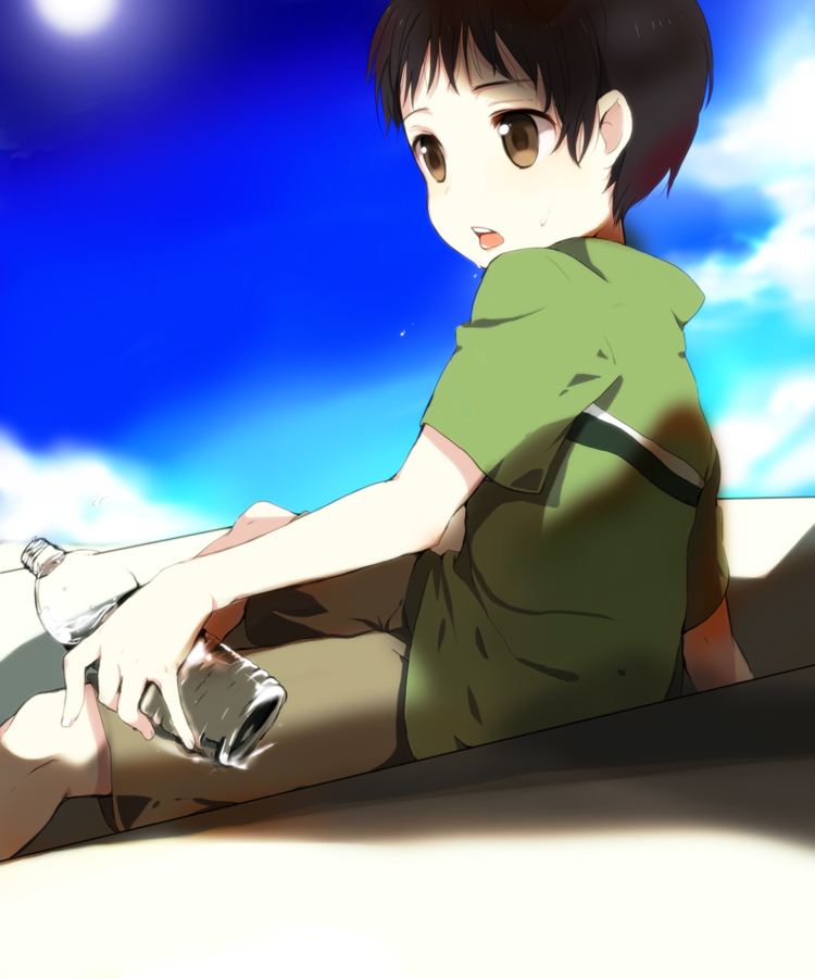 bad_id bad_pixiv_id bottle brown_eyes brown_hair caterpillar_(artist) day male_focus onozawa_yuuki shorts sky solo sun tokyo_magnitude_8.0 water