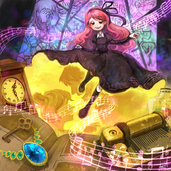 at_pokky bad_id bad_pixiv_id black_dress clock dress hair_ribbon jewelry key long_hair megurine_luka music_box musical_note necklace pink_hair ribbon smile socks solo toki_no_orgel_(vocaloid) vocaloid