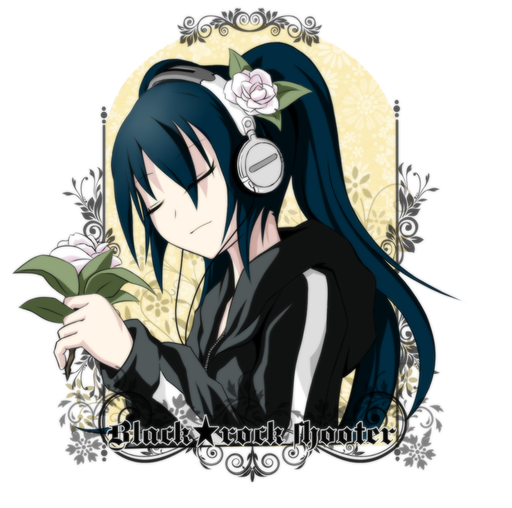 bad_id bad_pixiv_id bangs black_hair black_rock_shooter black_rock_shooter_(character) cable camellia closed_eyes coat flower hair_flower hair_ornament headphones hood hooded_jacket jacket long_hair max0201 solo star twintails uneven_twintails