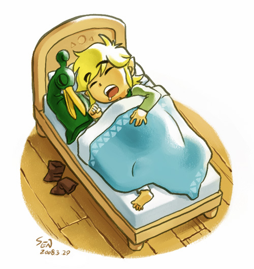 1boy 2008 artist_name barefoot bed blonde_hair dated hat headwear_removed link minish_cap open_mouth pointy_ears sen_(pixiv111638) the_legend_of_zelda the_legend_of_zelda:_the_minish_cap toon_link