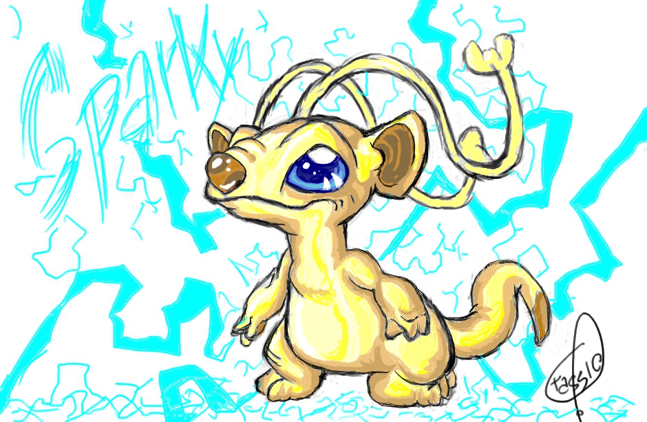 2011 alien antennae blue_eyes brown_nose character_name colored_sketch digital_drawing_(artwork) digital_media_(artwork) dipstick_tail disney electricity experiment_(species) lilo_and_stitch multicolored_tail signature simple_background solo sparky_(lilo_&amp;_stitch) standing tassiosouza white_background yellow_body