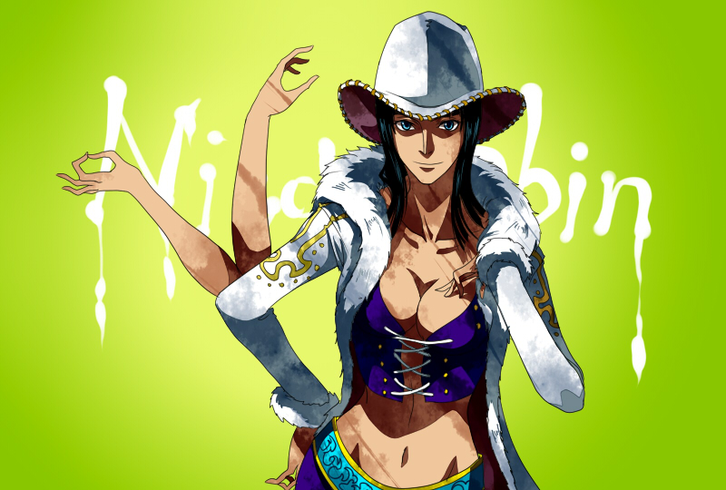 1girl arm black_hair breasts character_name cleavage color_background cowboy_hat eilinna hand_on_hip hat midriff nico_robin one_piece solo white_hat