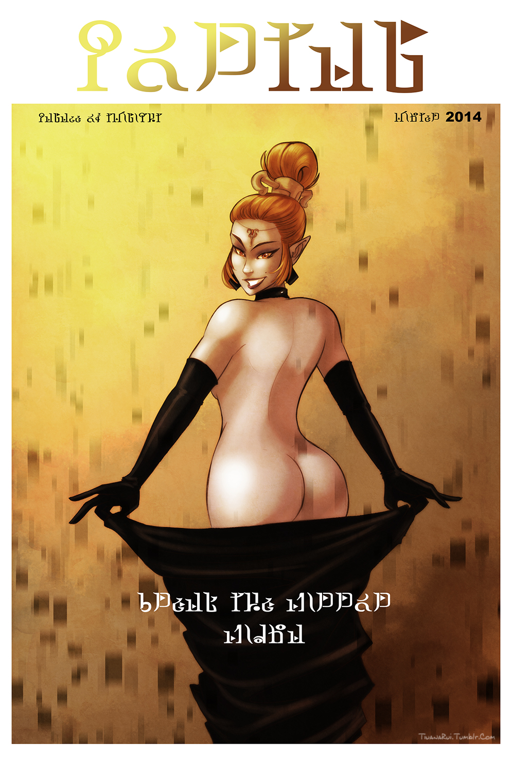 alternate_hairstyle ass black_gloves choker circlet cover elbow_gloves fake_cover forehead_jewel from_behind gloves grin highres kim_kardashian lipstick looking_back magazine_cover makeup midna midna_(true) mole nude orange_hair parody pointy_ears red_eyes runes scrunchie smile solo the_legend_of_zelda the_legend_of_zelda:_twilight_princess tiuana_rui topknot undressing watermark web_address yellow_sclera