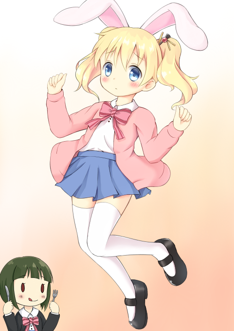 :q alice_cartelet animal_ears blonde_hair blue_eyes blush bob_cut bow bowtie brown_eyes bunny_ears cardigan clenched_hands fork gradient gradient_background green_hair hair_ornament hair_stick holding holding_fork holding_knife jumping kanzashi kin-iro_mosaic knife mary_janes matsuu_(akiomoi) multiple_girls oomiya_shinobu open_cardigan open_clothes pink_bow pleated_skirt school_uniform shoes short_hair skirt solid_oval_eyes striped striped_bow striped_neckwear thighhighs tongue tongue_out twintails white_legwear yuri zettai_ryouiki