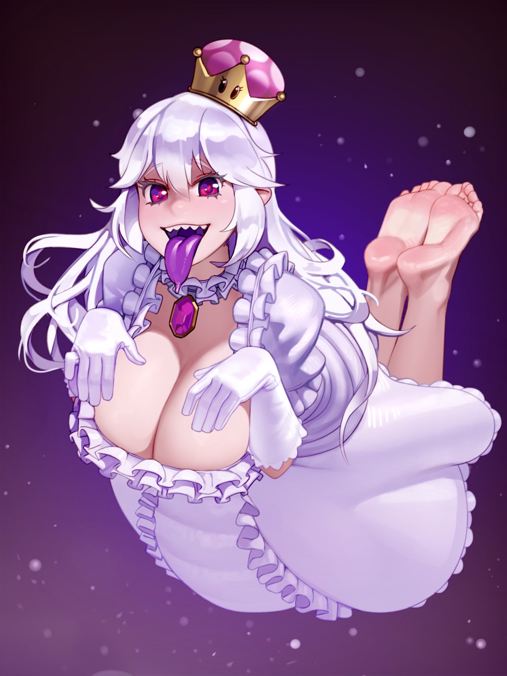1girl barefoot breasts collar commentary crown dress feet floating frilled_collar frilled_dress frills gloves highres kairuhentai large_breasts long_hair looking_at_viewer low-cut luigi's_mansion mario_(series) mini_crown new_super_mario_bros._u_deluxe nintendo pale_skin princess_king_boo purple_background purple_eyes revision sharp_teeth silver_hair smile soles solo super_crown super_mario_bros. teeth tilted_headwear toes tongue tongue_out white_dress white_gloves