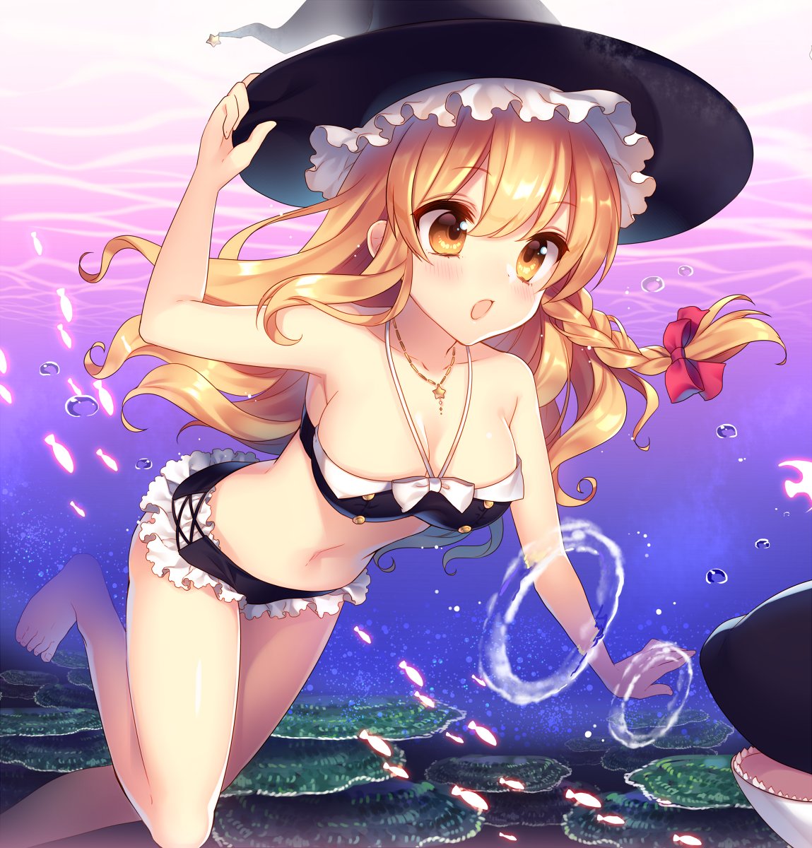 1girl adapted_costume air_bubble barefoot bikini black_bikini blonde_hair blush bow braid breasts bubble cleavage collarbone cross-laced_bikini feet_out_of_frame fish freediving frilled_bikini frills hair_bow halterneck hand_on_headwear hand_up hat highres jewelry kirisame_marisa long_hair masaru.jp medium_breasts navel necklace open_mouth red_bow side_braid single_braid solo star star_necklace submerged swimming swimsuit touhou underwater water witch_hat yellow_eyes