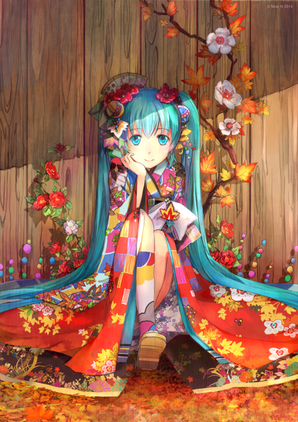 2014 aqua_eyes aqua_hair artist_name autumn chin_rest flower hair_flower hair_ornament hatsune_miku highres japanese_clothes kimono long_hair looking_at_viewer mimi_n sitting smile solo twintails very_long_hair vocaloid