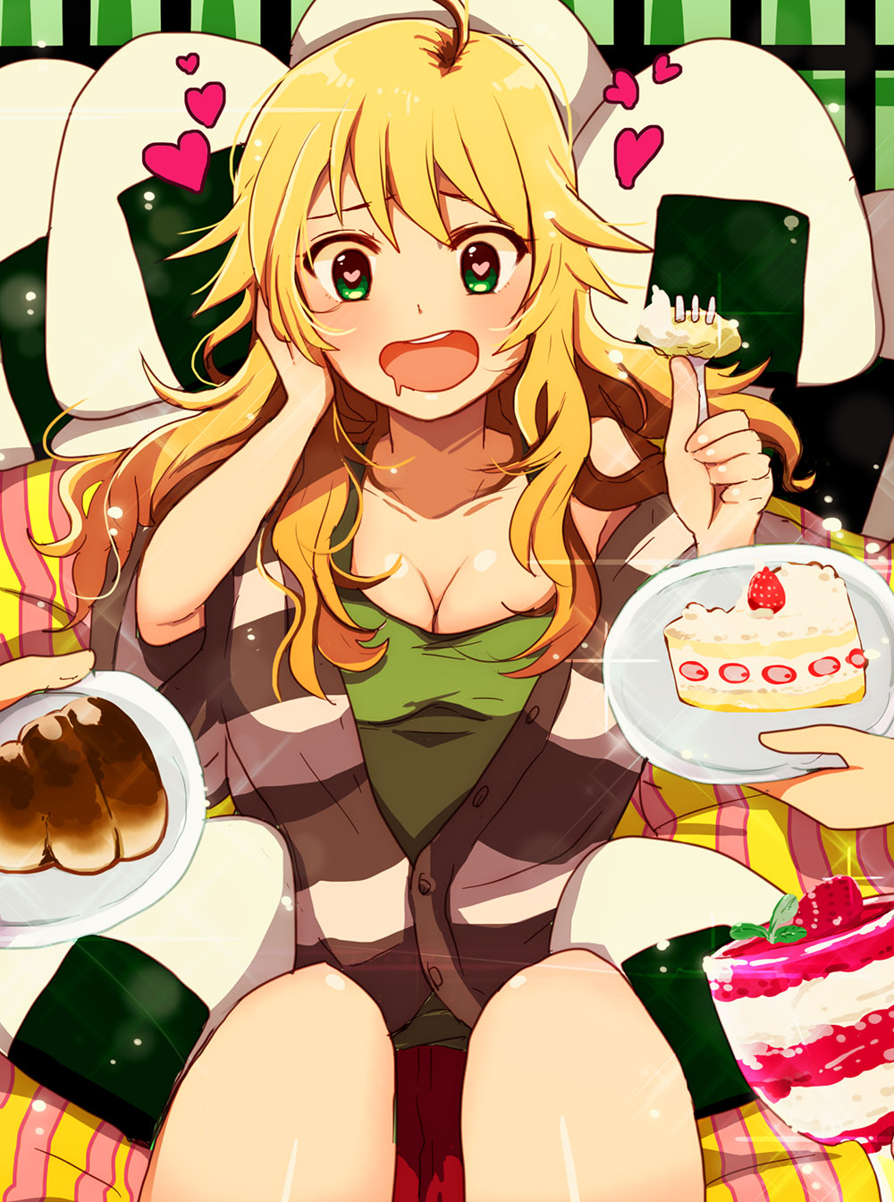 ahoge blonde_hair blush breasts cake chocolate_cornet cleavage drooling food fork fruit green_eyes hand_on_own_face heart heart-shaped_pupils highres hoshii_miki idolmaster idolmaster_(classic) long_hair medium_breasts mmyk81 onigiri open_mouth plate sitting slice_of_cake solo sparkle strawberry strawberry_shortcake symbol-shaped_pupils