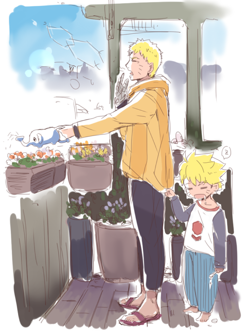 blonde_hair enda_chisya eyes_closed father_and_son gardening hood hoodie naruto pajamas plant plants shirt_tug spiked_hair uzumaki_boruto uzumaki_naruto watering_can whiskers yawn yawning