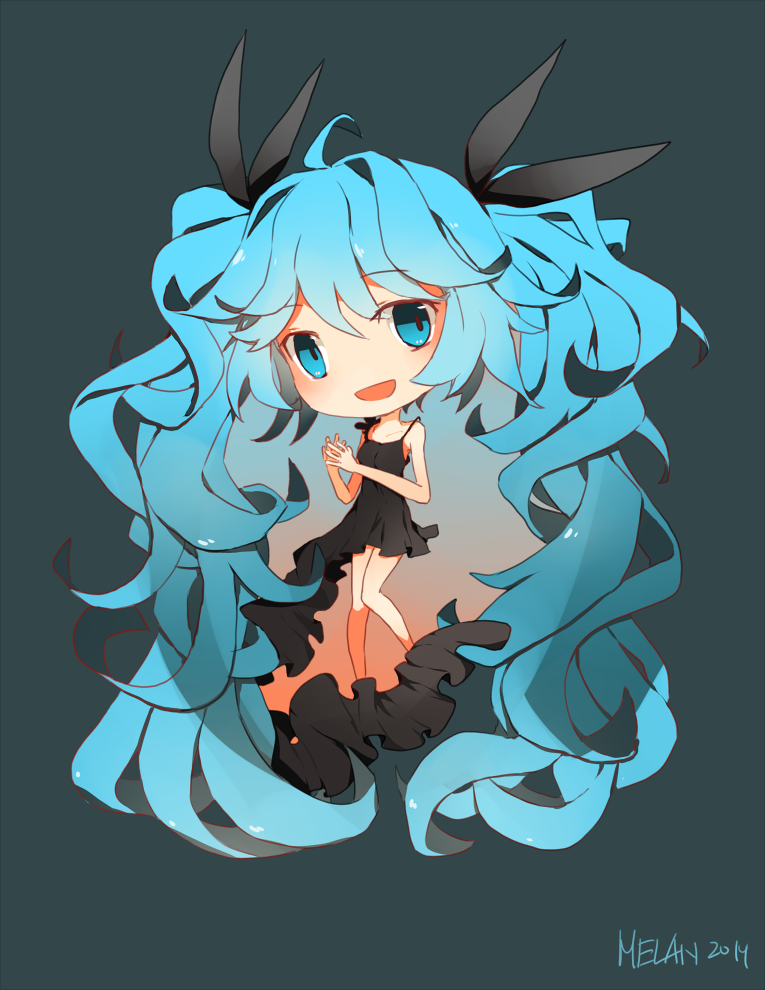 2014 :d absurdly_long_hair aqua_background aqua_eyes aqua_hair black_dress chibi dress full_body hatsune_miku long_hair open_mouth shinkai_shoujo_(vocaloid) signature simple_background sleeveless smile solo twintails very_long_hair vocaloid watermelan