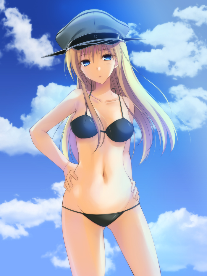 bare_shoulders bikini bismarck_(kantai_collection) black_bikini blonde_hair blue_eyes blue_sky breasts cloud collarbone contrapposto cowboy_shot day groin hands_on_hips hat kantai_collection long_hair looking_at_viewer medium_breasts military_hat navel peaked_cap sky solo standing swimsuit takepon
