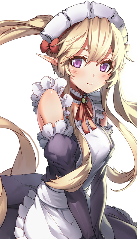 1girl [saw] blonde_hair blush closed_mouth female headdress long_hair looking_at_viewer maid maid_headdress maid_outfit myucel_foalan outbreak_company pointy_ears purple_eyes smile solo straight_hair twintails