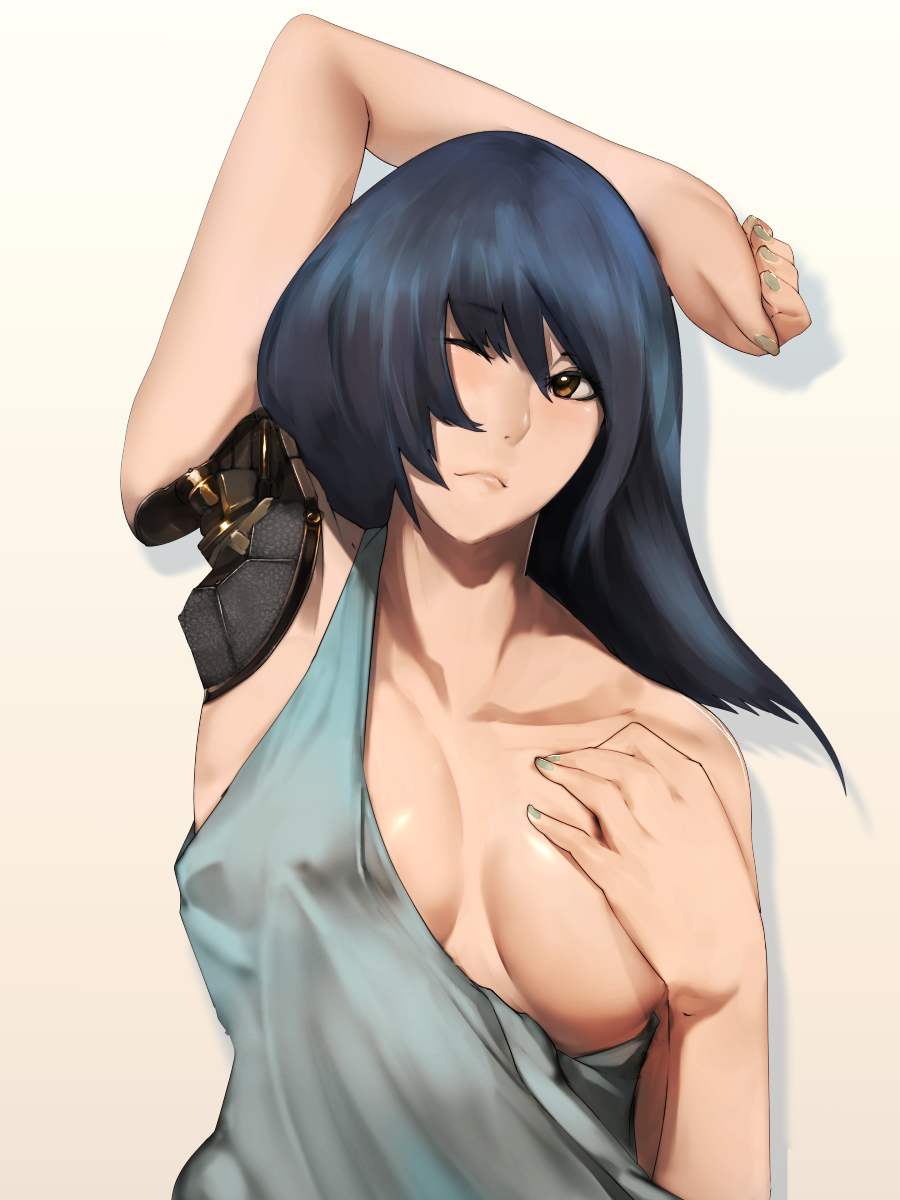 android black_hair female long_hair nail_polish one_breast_out one_eye_closed original solo vi2