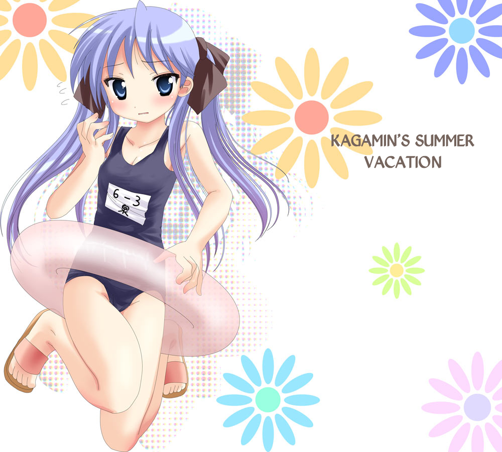 1girl bare_shoulders blue_eyes blue_hair blush breasts cleavage collarbone embarrassed female flower full_body hair_ribbon hard_translated hiiragi_kagami innertube kneeling knees_touching long_hair lucky_star mound_of_venus namamo_nanase one-piece_swimsuit purple_hair ribbon sandals school_swimsuit small_breasts solo sweat swimsuit translated tsurime twintails