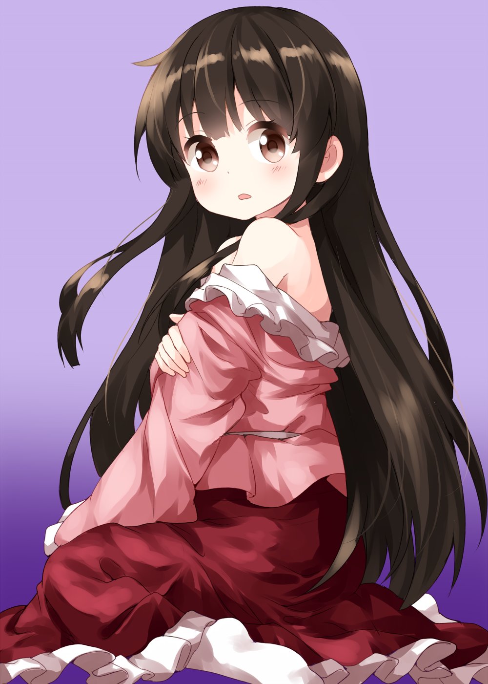 1girl bangs bare_shoulders black_hair blush brown_eyes commentary_request eyebrows_visible_through_hair frilled_shirt_collar frilled_sleeves frills gradient gradient_background highres houraisan_kaguya long_hair long_sleeves looking_at_viewer no_shoes off_shoulder parted_lips petticoat pink_shirt purple_background red_skirt ruu_(tksymkw) sash shirt sidelocks sitting skirt socks solo touhou very_long_hair wariza white_legwear white_sash wide_sleeves