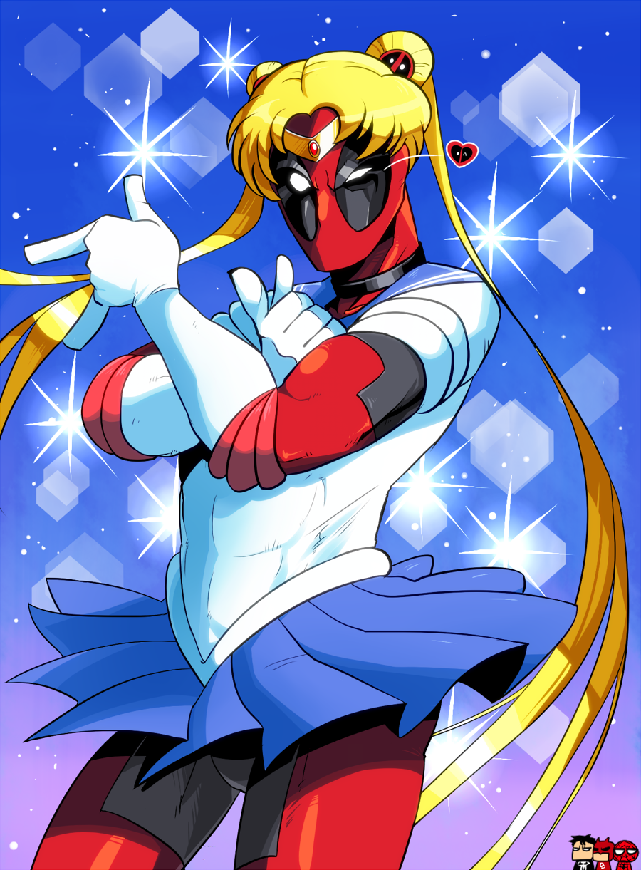 bishoujo_senshi_sailor_moon blonde_hair blue_sailor_collar blue_skirt cosplay daredevil deadpool double_bun elbow_gloves gloves hair_ornament highres long_hair magical_girl male_focus marvel one_eye_closed parody punisher rariatto_(ganguri) sailor_collar sailor_moon sailor_moon_(cosplay) sailor_senshi_uniform skirt solo spider-man the_punisher tiara tsuki_ni_kawatte_oshioki_yo twintails white_gloves