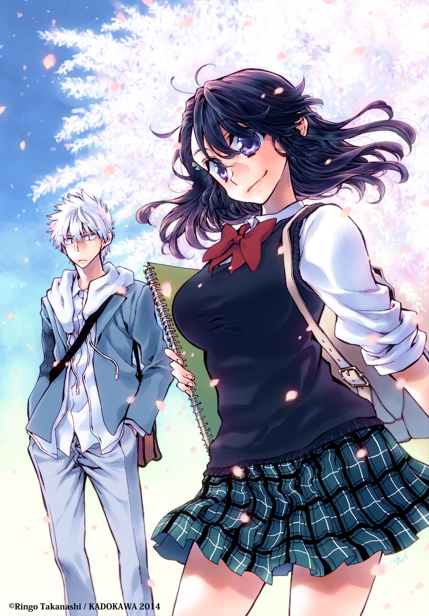 1girl 2014 artist_name bag black_hair cloud company_name day hands_in_pockets highres mizu-iro_idea official_art petals purple_eyes school_bag school_uniform silver_hair sketchbook skirt sky sweater_vest takanashi_ringo tree