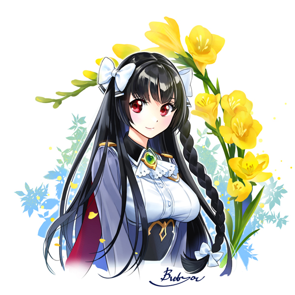 1girl arms_at_sides artist_name black_hair bow breasts brooch brown butyou_(mika1412) epic7 flower hair_bow jewelry karin_fantaria long_hair looking_at_viewer medium_breasts red_eyes smile solo upper_body white_background white_bow yellow_flower