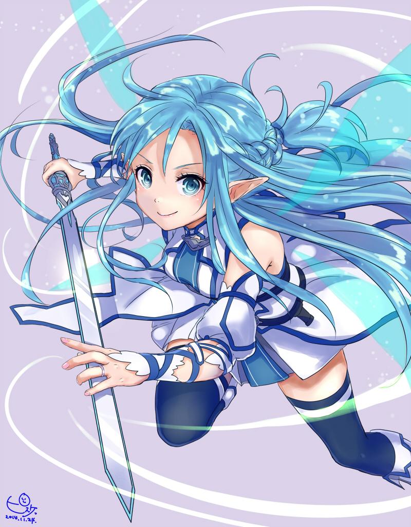 2014 asuna_(sao) asuna_(sao-alo) blue_eyes blue_hair blue_legwear dated jewelry long_hair looking_at_viewer pisuke pointy_ears ring signature smile solo sword sword_art_online thighhighs weapon wedding_band wings