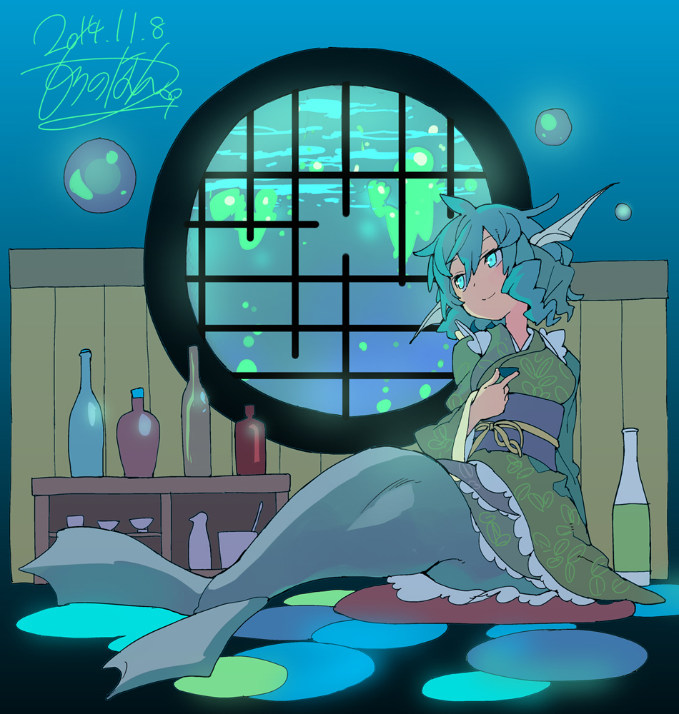 2014 aqua_eyes aqua_hair blue_eyes blue_hair bottle bowl bubble dated dress drill_hair green_dress head_fins indoors japanese_clothes kimono long_sleeves mermaid monster_girl morino_hon obi ribbon round_window sake_bottle sash short_hair signature sitting smile solo touhou underwater wakasagihime water window