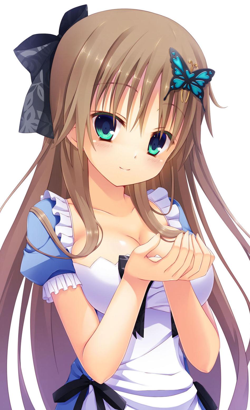 aqua_eyes blush breasts brown_hair butterfly_hair_ornament collarbone downscaled dress hair_ornament hapymaher highres long_hair looking_at_viewer md5_mismatch medium_breasts resized smile solo toriumi_arisu upper_body very_long_hair white_background yuzu_modoki