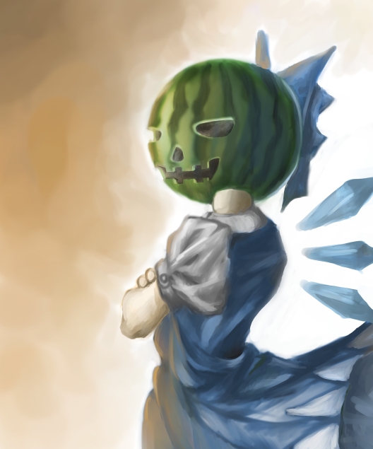 bad_id bad_pixiv_id blue_dress bow cirno commentary crossed_arms dress food fruit hair_bow halloween halloween_costume ice ice_wings jack-o'-lantern melon nagayo puffy_short_sleeves puffy_sleeves shirt short_sleeves solo touhou wings