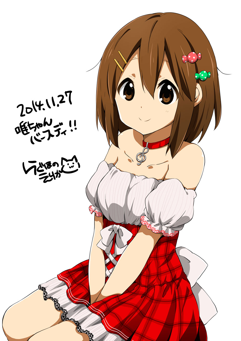 2014 bare_shoulders between_legs birthday brown_eyes brown_hair collar dated hair_ornament hand_between_legs happy_birthday highres hirasawa_yui k-on! looking_at_viewer official_style ragho_no_erika short_hair signature simple_background smile solo treble_clef white_background