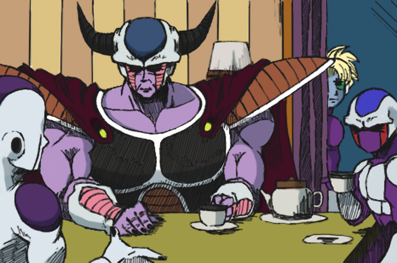 4boys alien armor brother cape commentary_request cooler_(dragon_ball) cup dragon_ball dragonball_z family father_and_son frieza ginutaro horns king_cold lamp multiple_boys muscle no_humans parody salza scouter siblings silent_hill silent_hill_3 table teacup