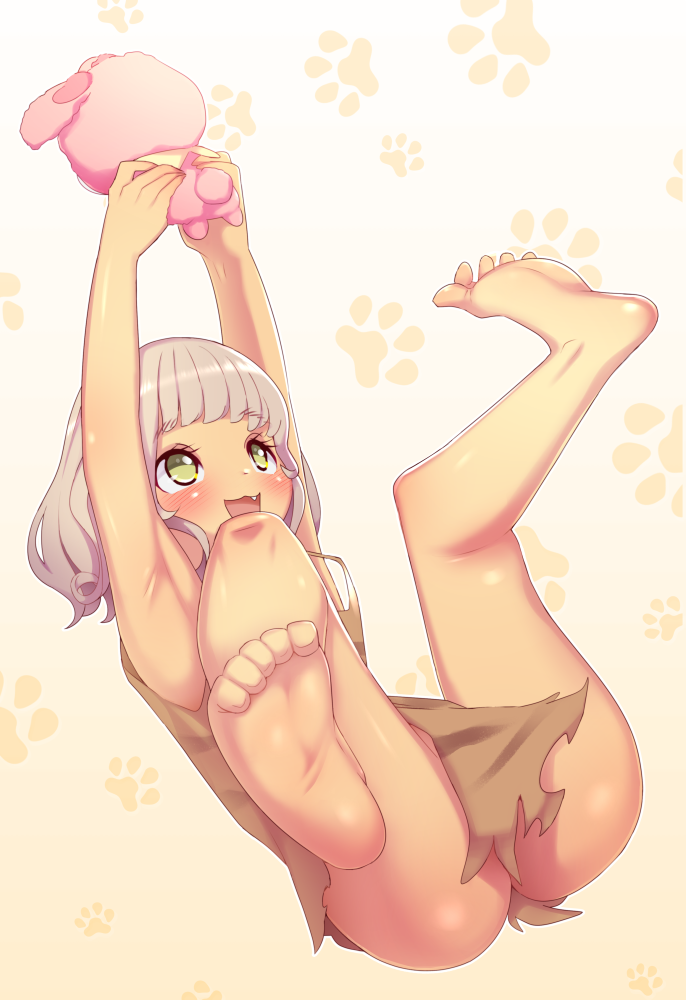 1girl armpits arms_up barefoot blush brown_dress dress fang foreshortening green_eyes holding holding_stuffed_animal legs_apart legs_up looking_up lying maidforge on_back open_mouth paw_background pink_background pripara shiny shiny_hair short_hair silver_hair smile soles strap_gap stuffed_animal stuffed_toy taiyou_pepper tan thighs torn_clothes torn_dress