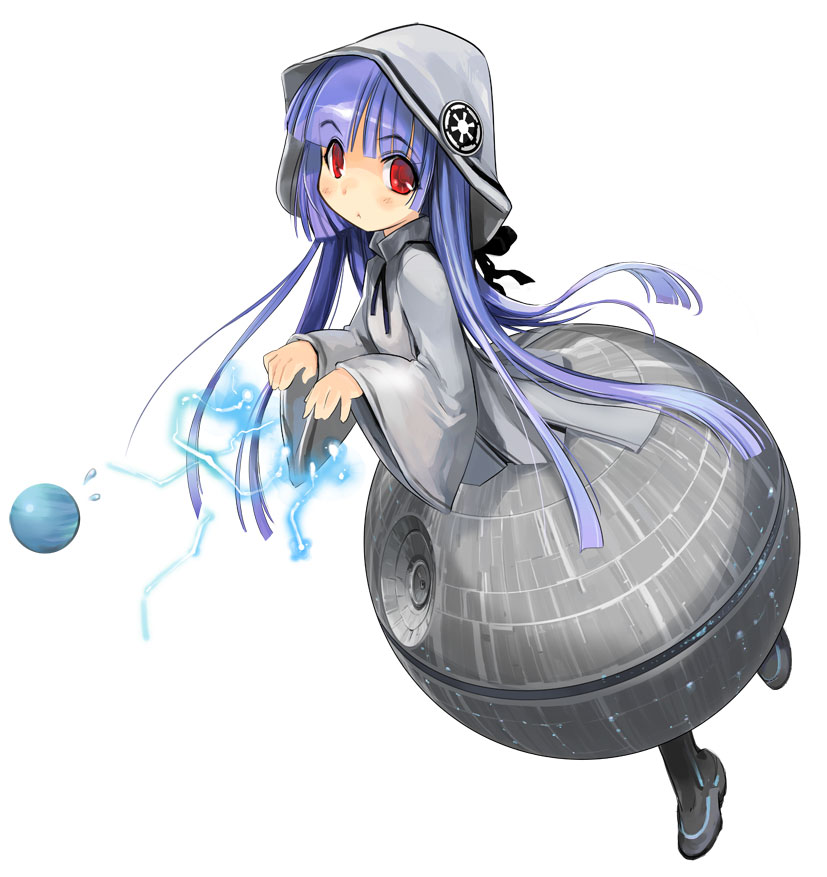 blue_hair bow cloak death_star electricity girl_arms hood lightning long_hair mecha_musume personification planet red_eyes solo star_wars sweatdrop zeco