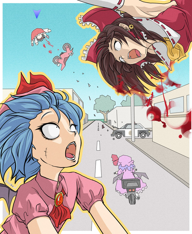 accident armpits azzie_(az_man_studios) bad_id bad_pixiv_id bat_wings blood blue_hair bow car fangs flying grand_theft_auto ground_vehicle hakurei_reimu motor_vehicle motorcycle multiple_girls open_mouth parody police police_car remilia_scarlet road scar short_hair street touhou tree vanishing_point white_eyes wings
