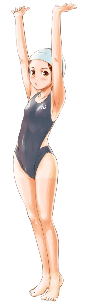 armpits arms_up bad_id bad_pixiv_id barefoot blush brown_eyes brown_hair competition_swimsuit copyright_request feet flat_chest fujisawa_takashi legs one-piece_swimsuit one-piece_tan open_mouth outstretched_wrists simple_background solo swim_cap swimsuit tan tanline tiptoes white_background